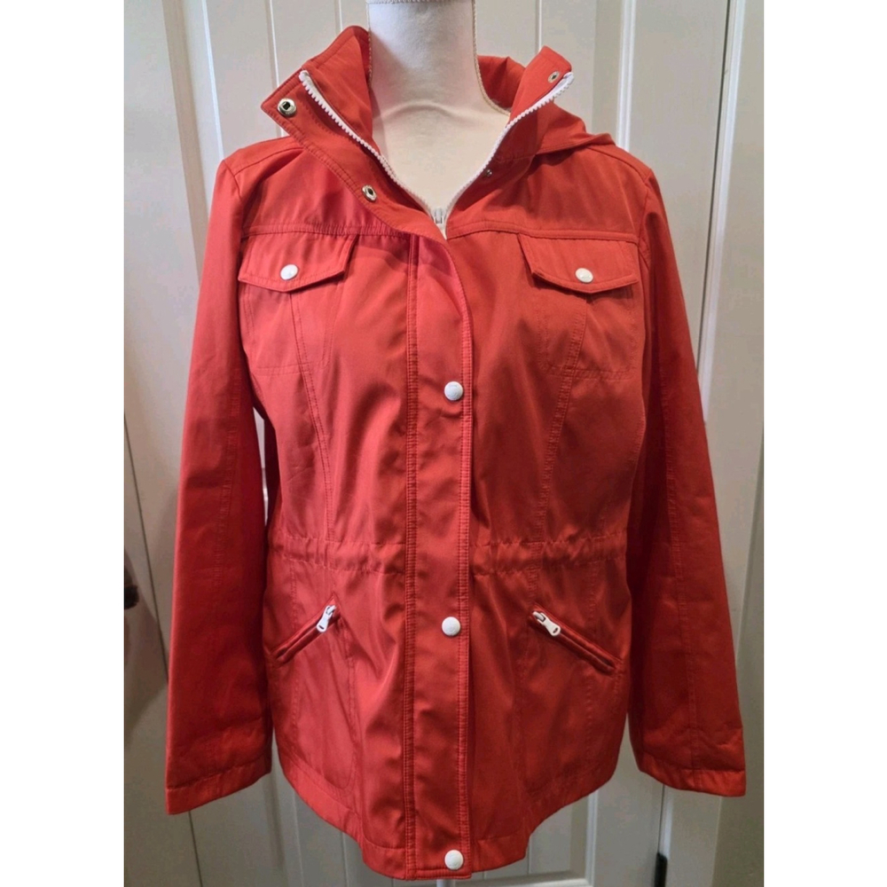 Guess Los Angeles Raincoat Hooded Red-orange White Accents Size XL 100% Poly